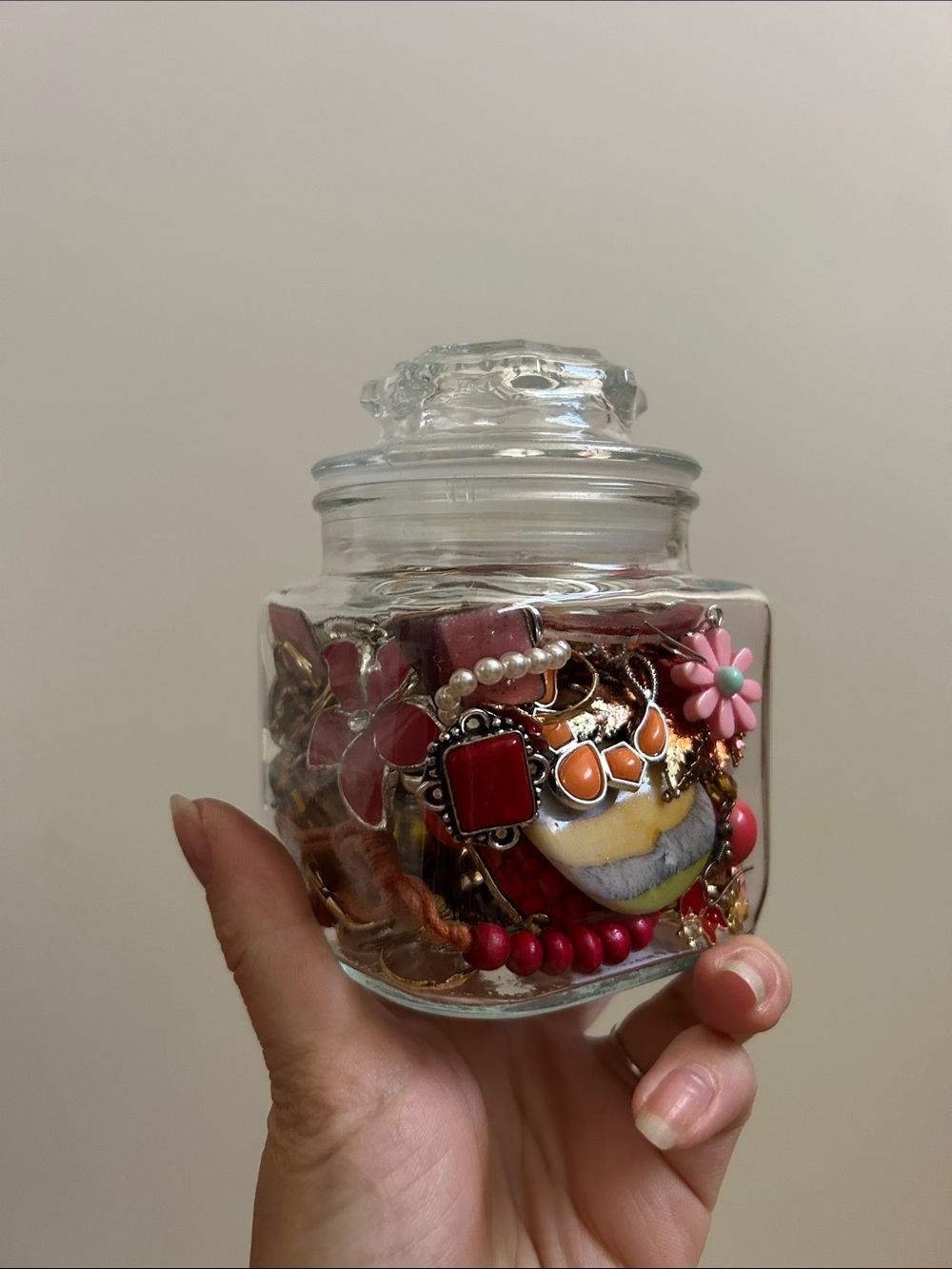 Glass Jewelry Jar Filled with Colorful Accessories - Pink & Red Accents
